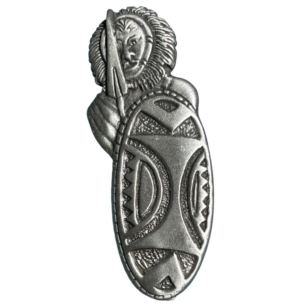 Fable Pewter Maasai Warrior Brooch Pin African Tribal Shield Spear Silver Tone